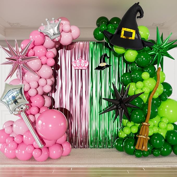 Pink and Green Balloon Garland Arch Kit - Witch Balloon Arch Kit, Pink Green Balloons and Foil Fringe Curtains, Witch Hat Crown Exploding Star Broom Balloons for Birthday,Witch Themed Party Decor