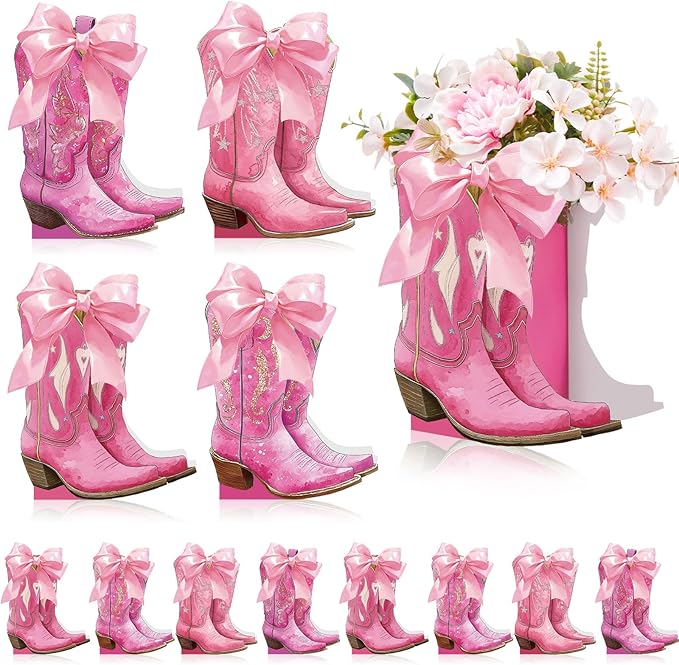 12 Set Pink Western Cowgirl Bow Boots Flower Boxes Centerpiece Boot Shape Gift Boxes Western Party Decoration Vase Centerpiece for Table Boots for Rodeo Birthday Baby Shower Wedding Supplies