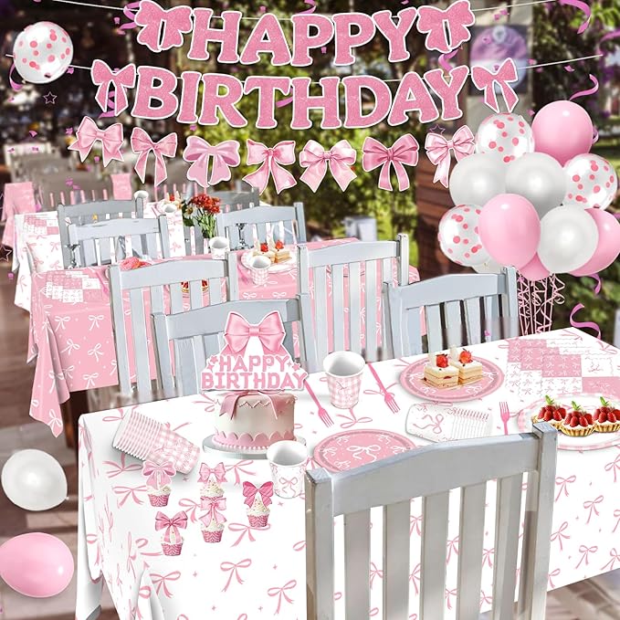 Bow Birthday Decorations, 2PCs Pink-bow Tablecloths Plastic Tablecloth Ideal Table Cover for Bow Themed Party Decorations Themed Parties Girls’ Parties Coquette Birthday Decoration, 54x108Inch