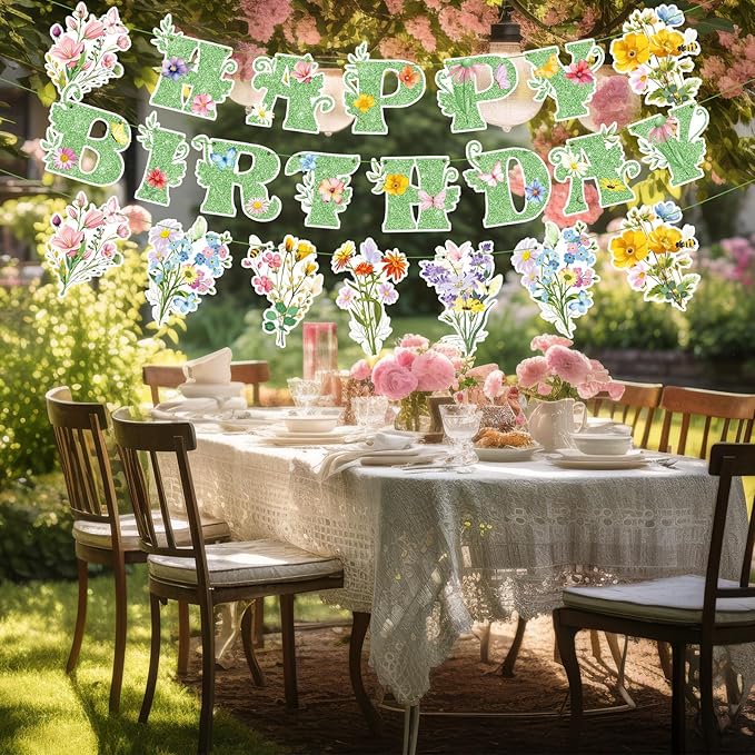 3 Pcs Wildflower Birthday Party Decorations Green Glitter Happy Birthday Banner Colorful Hanging Decor Funny Banner Cutout Garland for Themed Decoration Bridal Shower Garden Party Supplies
