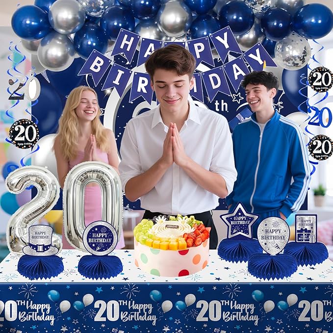20th Birthday Decorations for Men Women, 54 PCS Happy 20 Balloon Numbers Set for Boys, Blue 20 Year Old Birthday Party Supplies with Bday Tablecloth Banner Honeycomb Centerpieces Hanging Swirls