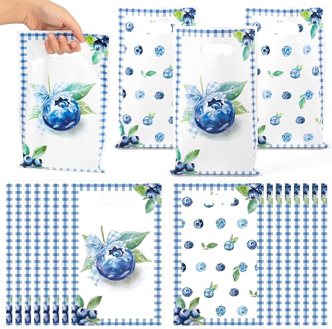 Blueberry Party Favor Bags - 50Pcs Summer Blue Berry Patterns Goody Candy Treat Bags, Sweet Fruit Themed Party Decorations for Kids Adults Birthday Baby Shower Picnic Tea Events Supplies