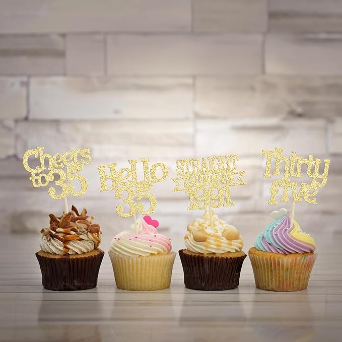 Ephlyn 24Pcs Happy 35th Birthday Cupcake Toppers Gold Thirty Five Cupcake Picks Hello 35 Cheers to 35 Years Birthday Cake Decorations for 35th Birthday Anniversary Party Decor Supplies