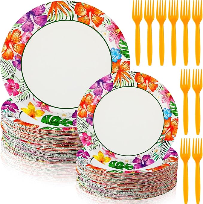 180 Pcs Summer Hawaii Paper Plates and Forks Beach Party Supplies 9'' Disposable Plates 7'' Paper Snack Plates Plastic Forks for Kids Birthday Hawaiian Beach Party Decorations, Serves 60
