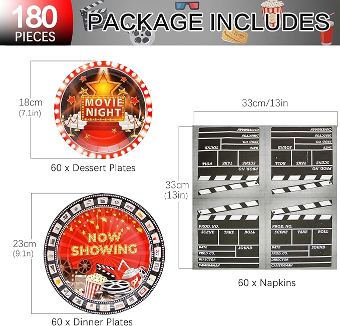 180Pcs Movie Night Party Supplies Paper Plates and Napkins Serve 60 Disposable Tableware Set for Birthday Party Decorations Game Day Family Holiday Sports Events