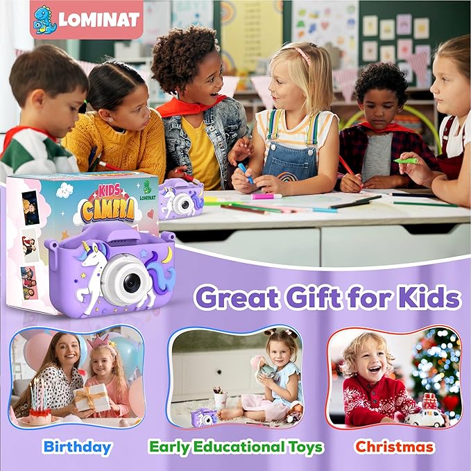 Unicorn Kids Camera for Girls Age 3-12, Selfie Camera for Girls 1080P HD Kids Video Camera – Christmas Birthday Gift for 3 4 5 6 7 8 Year Old Toy Digital Camera for Toddlers with 32GB SD Card – Purple