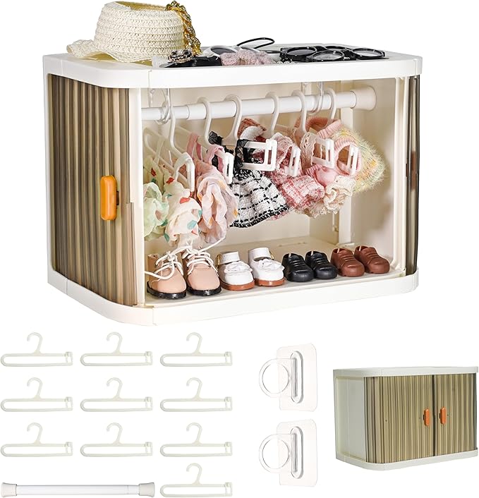 Foldable Doll Wardrobe Compatible with Labubu Clothes, Doll Clothes Closet with 10 Clothing Rack & 1 Rod, Furniture Accessories for Storing 15/17cm Small Outfits with Cover & Display Shelf