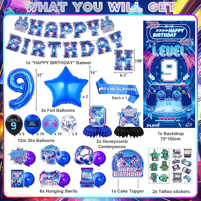 Video Game 9th Birthday Decorations for Boys, Level 9 Birthday Decorations Include Banner Backdrop Sash Honeycomb Centerpieces Hanging Swirls Stickers Cake Topper for Gamer Birthday Party Supplies