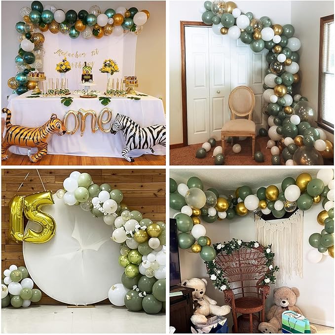 Sage Green Gold Balloons, 12 Inch 60 Pcs Metallic Olive Green White Gold Confetti Balloons Retro Green Balloons for Jungle Safari Birthday Camp Bachelorette Decorations