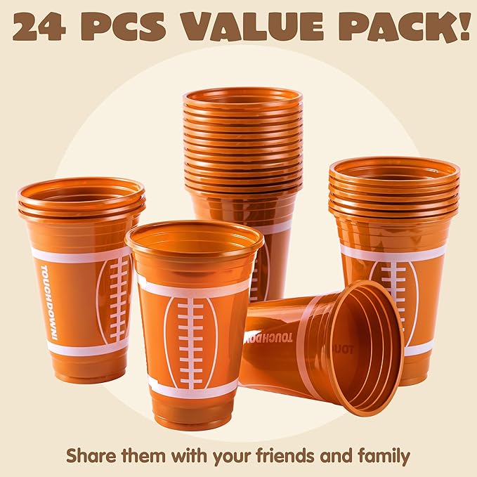 JOYIN 24 PCS Party Cups Bulk, 16oz Football Disposable Plastic Cups Holiday Tableware for Football Theme Party Supplies, Decoration, Party Drink Cups