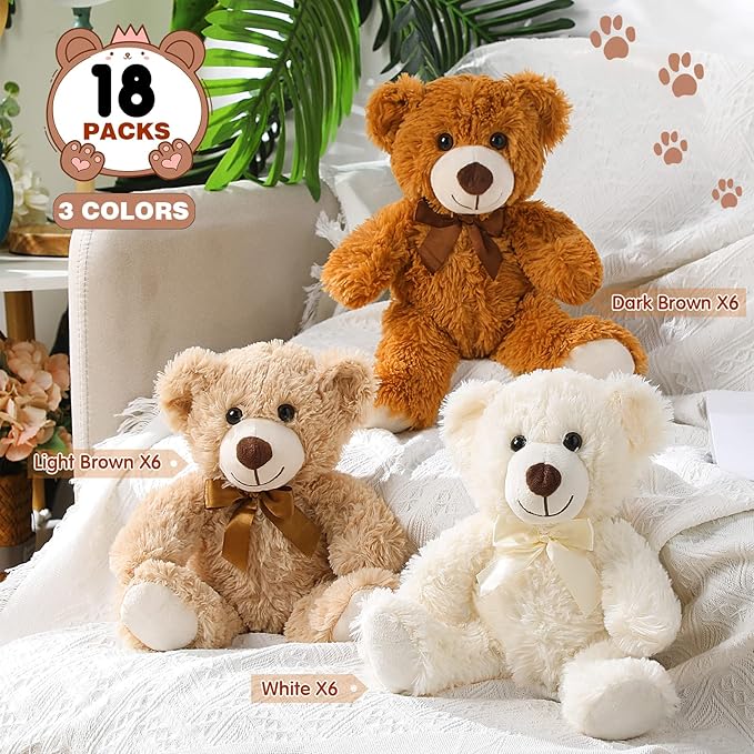 Zhanmai 18 Pcs 14 Inch Bears Stuffed Animal Bulk Gifts Plush Bear Toys for Birthday Baby Shower Graduation Party Favor(Light Brown, Dark Brown, White)