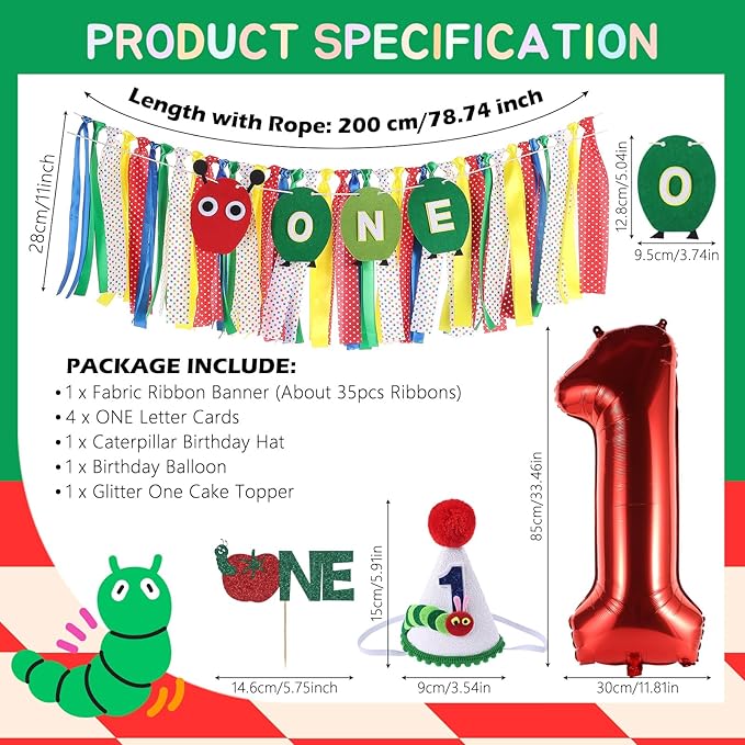 Hungry Caterpillar Highchair Banner for Baby First Birthday Party Decorations Green One Caterpillar High Chair Tassel Garland for Boys Girls Fruit 1st Birthday Photo Props Backdrop Decors