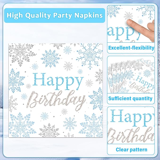 96PCS Winter Birthday Party Decorations Snowflake Paper Plates and Napkins Winter Wonderland Baby Shower Decoration Silver Blue White Christmas Party Supplies Disposable Snow Flakes Tableware Serve 24