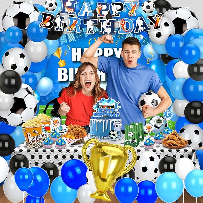 Soccer Birthday Party Decorations, 131PCS Blue Soccer Birthday Party Supplies Including Tablecloth Backdrop Banner Cake Topper Latex Balloons Foil Balloons Decorations Kit for Sport Ball Theme