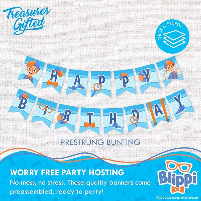 Treasures Gifted Officially Licensed Blippi Birthday Party Supplies - Set of 3 Pre-Strung Birthday Banners - 1 Banner & 2 Triangle Pennants - Blippi Party Decorations