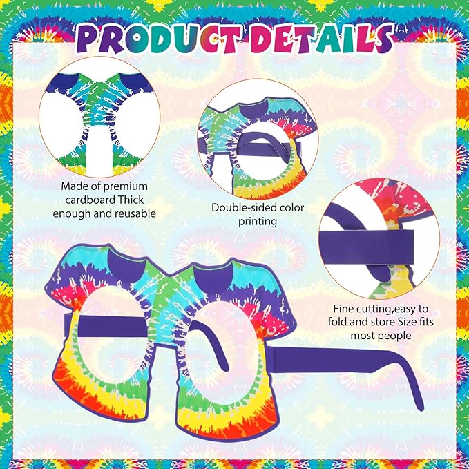 Pajean 36 Pcs 60s Party Decorations 60's Photo Booth Prop 60 Hippie Themed Eyeglasses Paper Glasses Frame Tie Dye Groovy Peace Love Themed Favor for 60's Hippie Birthday Party Favor Supplies