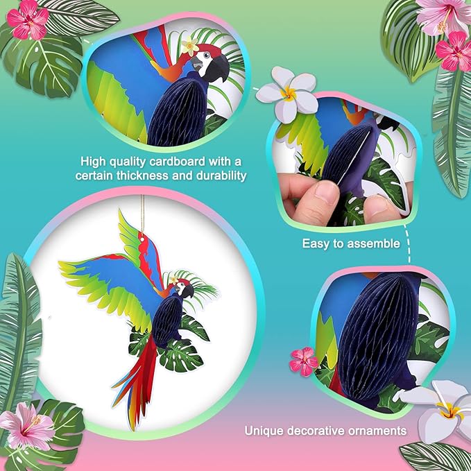 Spakon 9 Pieces Tropical Birds Honeycomb Paper Cutouts Rio Luau Party Hanging Decorations Rainforest Hanging Paper Birds Hawaiian Parrot Honeycomb Cutouts for Luau Party Decor