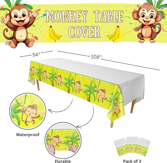 Blue Orchards Monkey Party Table Covers (Pack of 3) - 54"x108" XL - Monkey Birthday Party Supplies, Jungle Tablecloth for Boys & Girls