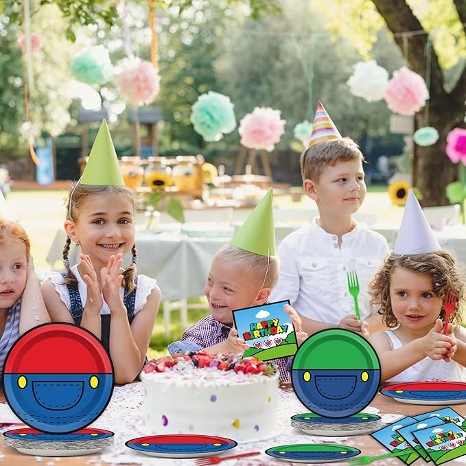 96 Pcs Super Brother Party Supplies Set Super Brother Plates Super Video Games Tablewear and Napkins Forks Super Bros Birthday Party Decorations for Kids Baby Shower Serves 24