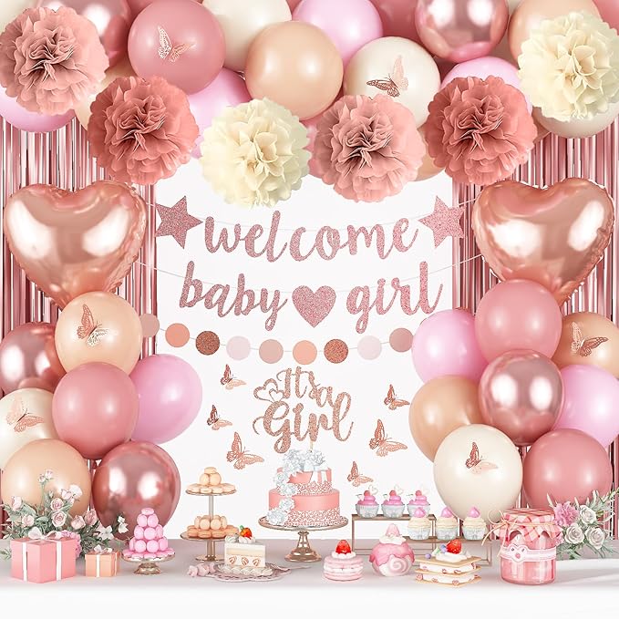 Pink Baby Shower Decorations for Girl, Boho Dusty Blush Pink Rose Gold Beige White Latex Balloons Welcome Baby Banner Its A Girl Cake Topper Pom Poms Fringe Curtain for Girls Birthday Party Decoration