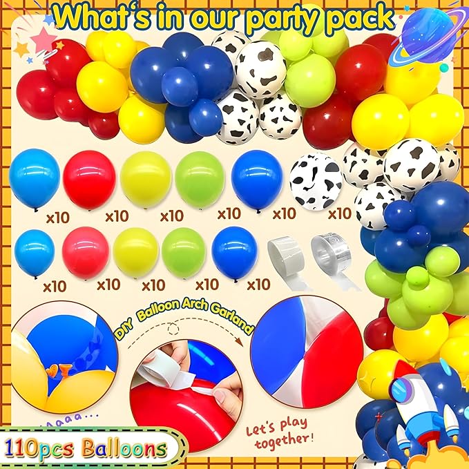 125pcs Toy Theme Birthday Decorations, Balloons Backdrop Banner Tablecloth Cake Topper for Cartoon Story Birthday Party Decorations