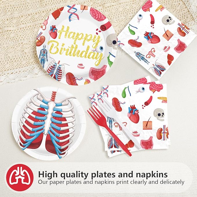 96Pcs Human Anatomy Body Part Birthday Party Supplies Human Body Theme Plates and Napkins Organ Heart Stomach Theme Tableware Set for Medical Physiology Doctor Nurse Birthday Party Supplies，Serves 24