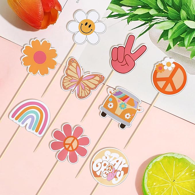 18 PCS Hippie Party Centerpiece Sticks Dasiy 60s Retro Boho Peace Sign Hand Butterfly Two Groovy Table Flower Centerpieces Sticks for Hippie Two Groovy Carnival Theme Birthday Party Supplies
