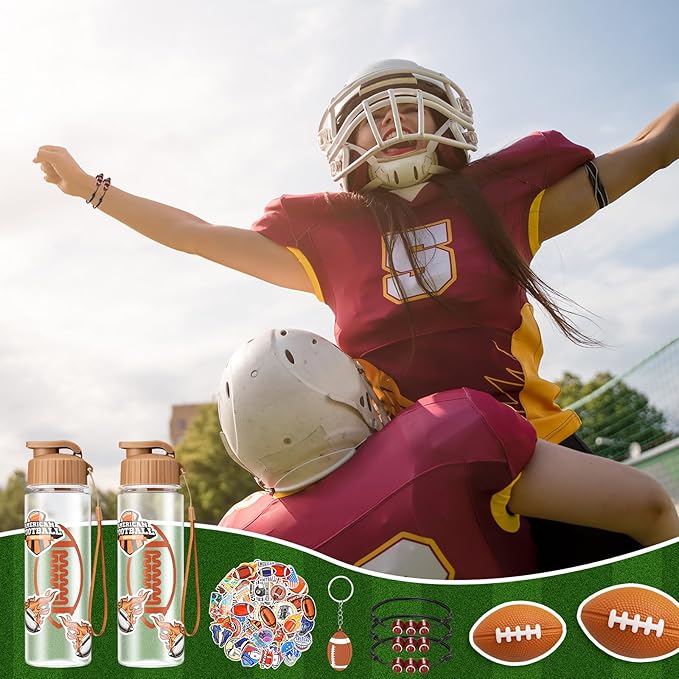 LemonRoad 164 Pcs Sports Party Favors Set 16 Plastic Cups 16 Charm Bracelets 16 Keychains 16 Mini Foam Stress Balls 100 Stickers for Sports Party Supplies (Football)