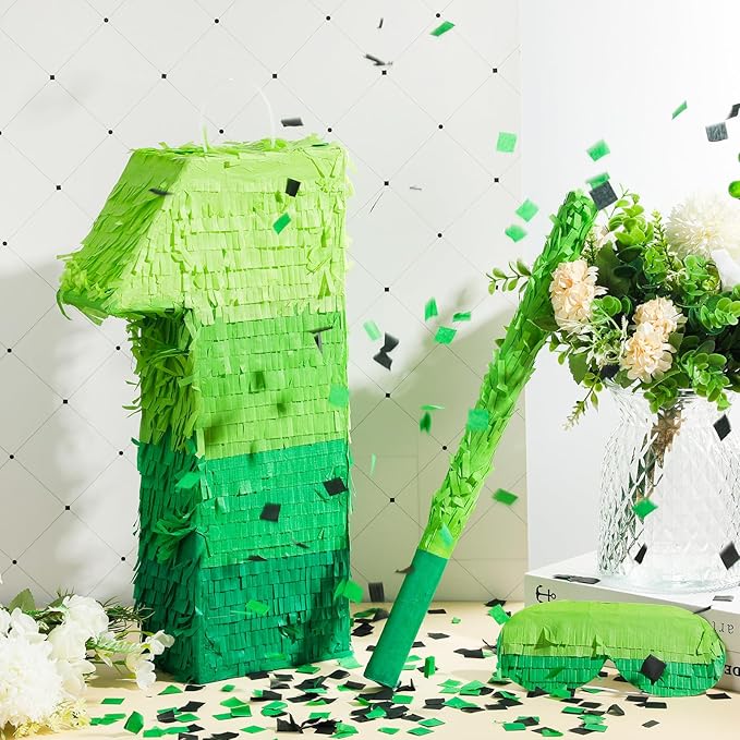 Number Piñata Decorations 16 Inch Gradient Green Piñata with Blindfold Stick and Confetti for Birthday Baby Shower Safari Jungle Themed Party Supplies Centerpiece(Number 1)