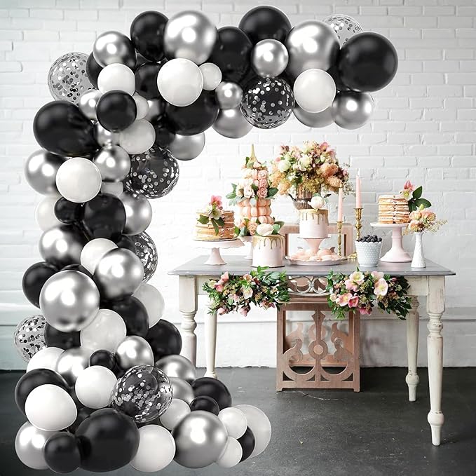 Black and Silver Balloons, 60 Packs 12 Inch Chrome Metallic Silver Balloons and Confetti Balloons, Black White Silver Balloon for Wedding Engagement Birthday Halloween Decorations