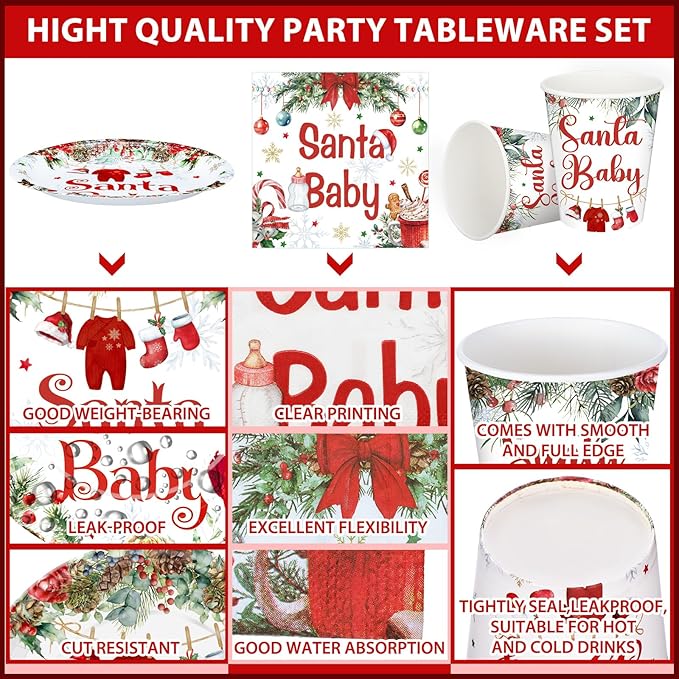 Hushee 200 Pcs Baby Shower Paper Plates Cups Napkins Party Supplies Tableware Set Disposable Cup Napkin for 50 Guest Party Decoration (Green and Red,Christmas Santa Baby)