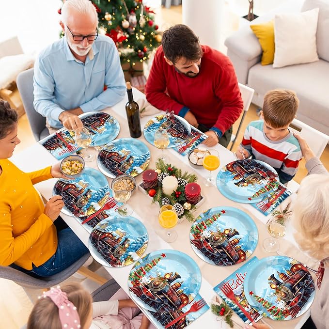 gisgfim 96 Pcs Christmas Train Plates and Napkins Party Supplies Christmas Believe Dinnerware Tableware Set Disposable Xmas Paper Plates Party Decorations Favors for Winter Holiday Serves 24