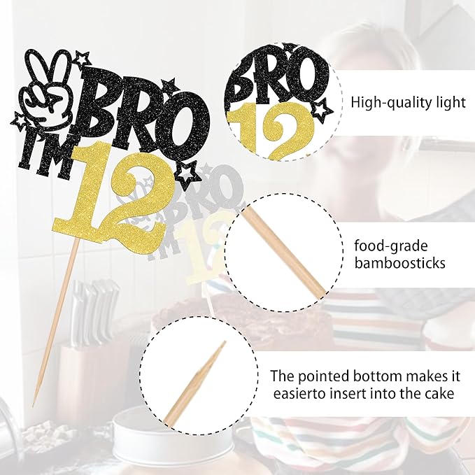 1 PCS Brother I'm 12 Cake Topper Glitter Star Happy 12th Birthday Cake Pick Bro I'm 12 Cake Decoration It's My 12th Birthday Decorations for Boys Cheers to 12 Years Old Birthday Party Supplies Gold