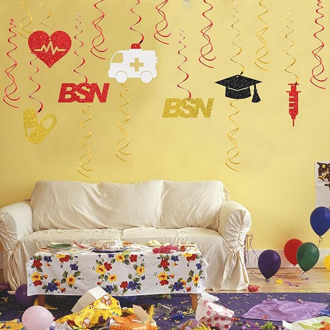 Maicaiffe BSN Graduation Hanging Swirl Decorations - 19 Pcs Congrats Nurse Party Supplies - Future RN Streamers - Medical Nursing School Graduation Foil Swirls Ceiling Decorations