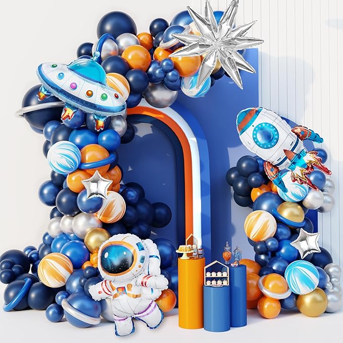Ouddy Party 142Pcs Outer Space Party Decorations Balloon Garland Kit, Space Birthday Party Supplies UFO Astronaut Themed Navy Blue Silver Foil Latex Balloons for Boys Kids