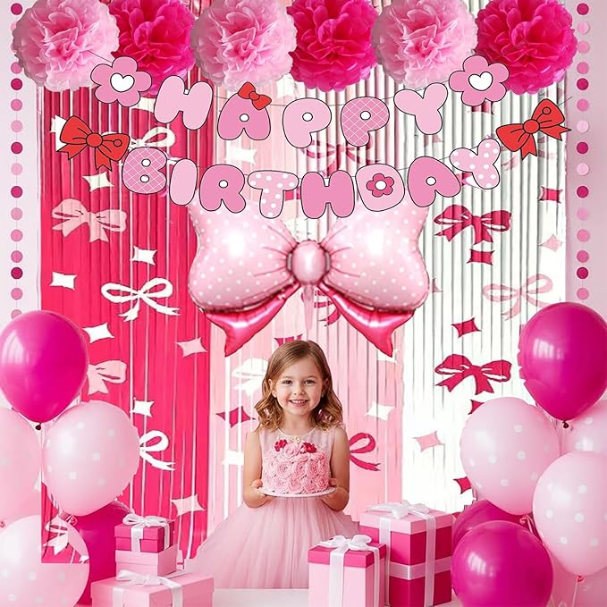 Kitty Birthday Party Decorations, Pink Bow Theme Birthday Party Supplies with Banner, Balloons, Foil Fringe Curtains, Paper Garland Pull Flower, Tissue Paper Pom Poms