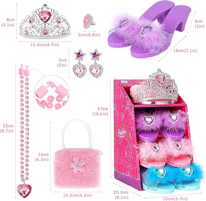Princess Dress Up Shoes Pretend Play Jewelry Toys Set 3 Pairs of Shoes with Tiara Earrings Necklaces Ring Role Play Set for Little Girls Aged 3-6 Years Old