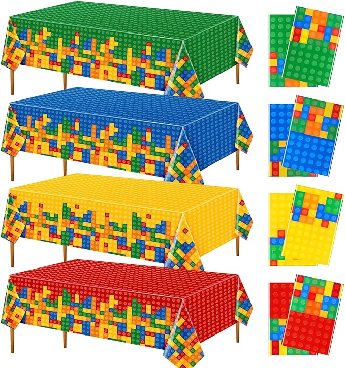 Oudain 8 Pcs Building Block Tablecloths - Colorful Birthday Party Decorations, 54 x 108 Inch Disposable Plastic Brick Table Cover, Waterproof Themed Party Supplies (Multicolor)