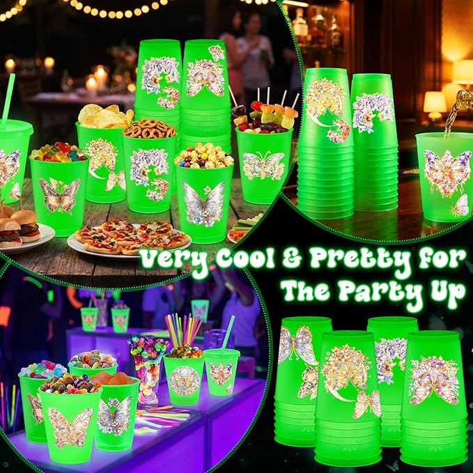 24 Pcs Butterfly Pattern Cups Glow in the Dark Cups 12 oz Plastic Frosted Cup with Lid and Straw Reusable Bulk Green Tumbler for Summer Birthday Party Decoration Baby Shower Party Supplies