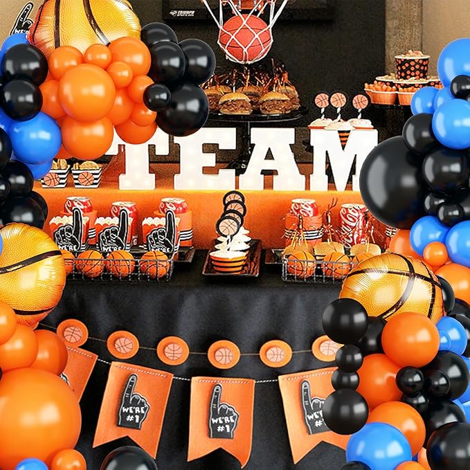 Basketball Balloon Arch Garland Kit,Orange Black Blue Balloon Garland with Foil Balloon for Men Teen Kids Birthday Graduation Party Decorations,Basketball Sports Theme Party Decor Supplies