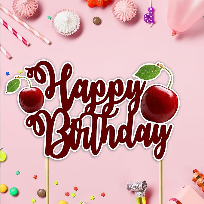 "Cherry Happy Birthday Cake Topper – Cute Fruit-Themed Birthday Party Decoration for Adults – Red Cherry Cake Topper for Dessert Tables, Smash Cakes, High Chairs, and Themed Birthday Celebrations"