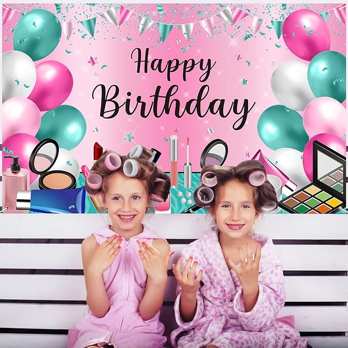 Roetyce Makeup Birthday Party Decorations - 46PCS Kit, Pink Spa Themed Birthday Supplies With Banner, Balloons, Cake Topper