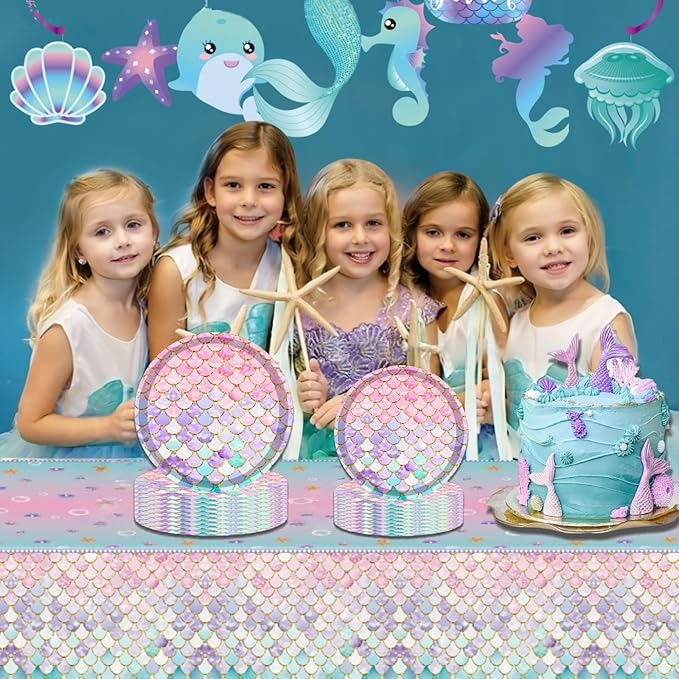 48 Pcs Mermaid Birthday Party Decorations Plates Set for 24 Guests,Little Mermaid Party Supplies Ocean under the Sea Party Tableware Plate for Princess Girls Baby Shower