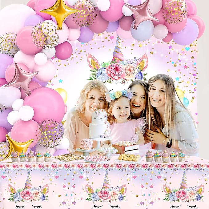 Unicorn Birthday Decorations for Girls,118pcs Unicorn Theme Party Decorations with Balloon Garland Arch Kit Backdrop and Tablecloth for Girls Women Birthday Party Supplies(Pink)