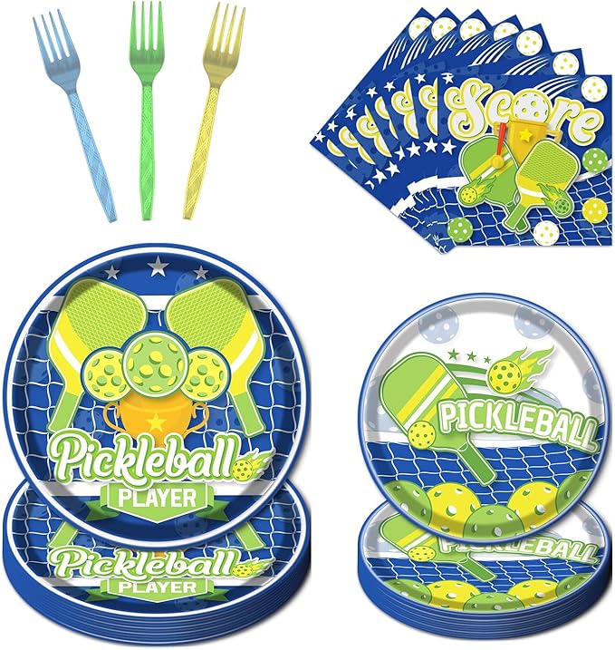 Rakuto Pickleball Party Plates Supplies - 96PCS Pickleball Player Themed Disposable Paper Plates Forks Napkins Tableware Set Pickleball Sports Baby Shower Birthday Party Decorations(24 Guests)