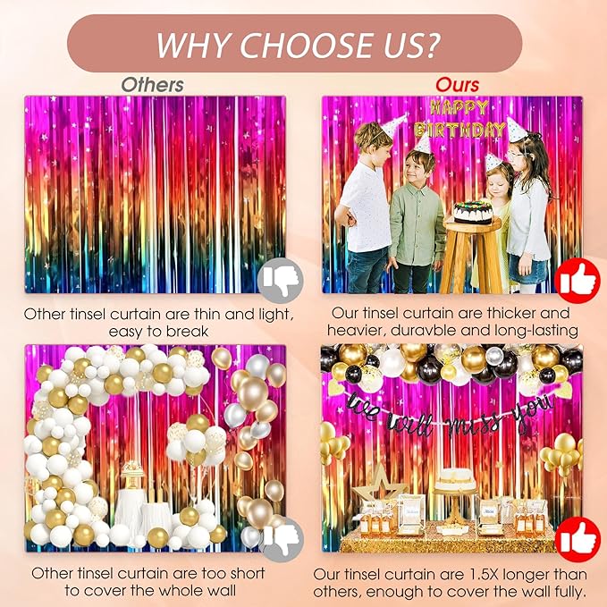 3 Pack Rainbow Backdrop Party Decorations Tinsel Curtain Party Backdrop Foil Fringe Birthday Decorations Photo Booth Streamer Rainbow Theme Bachelorette Graduation Party Decorations
