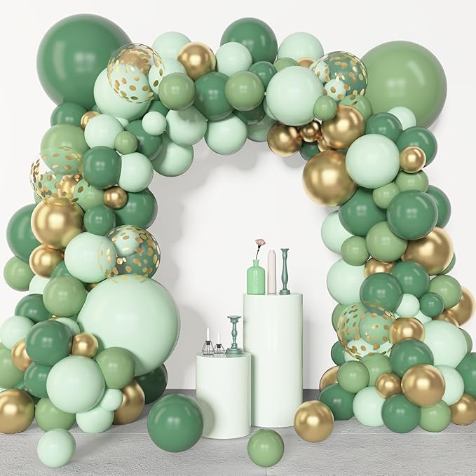 Amandir 148pcs Sage Green Balloon Garland Arch Kit, Different Sizes 18 12 10 5 inch Sage Green Gold Latex Metallic Confetti Gold Balloons St. Patrick's First Communion Safari Baptism Decorations