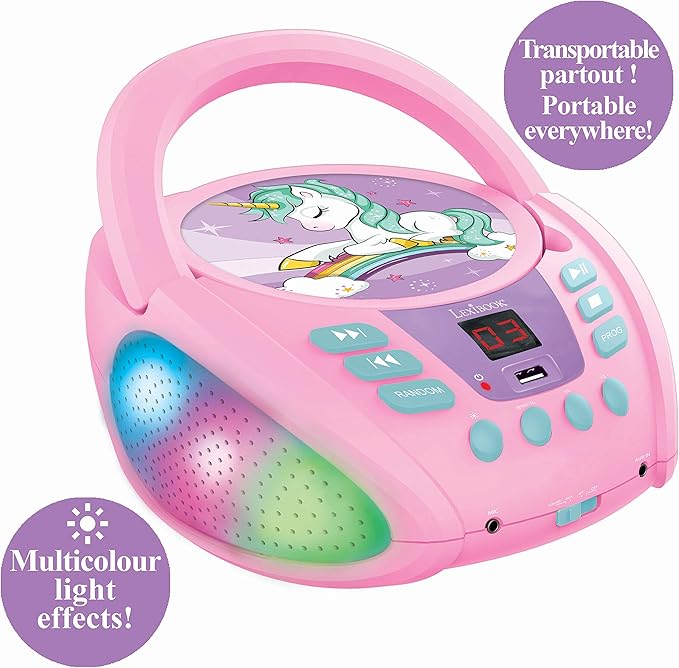 Lexibook Unicorn - Bluetooth CD Player for Kids – Portable, Multicoloured Light Effects, Microphone Jack, Aux-in Jack, AC or Battery-Operated, Girls, Boys, Pink, RCD109UNI