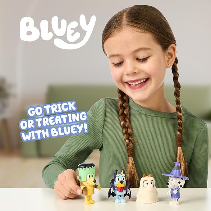 Bluey Halloween Figures Pack of 4, Robust Articulated Character Toys with Bingo, Chloe, and Lucky Figurines, Small Action Figures for Kids Ages 3+
