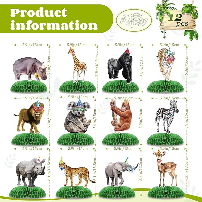 12 Pcs Safari Animals Party Decorations, Jungle Theme Birthday Decorations, Honeycomb Centerpieces for Tables Decor Table Party Supplies Perfect for Women Men Baby Shower Boys Girls